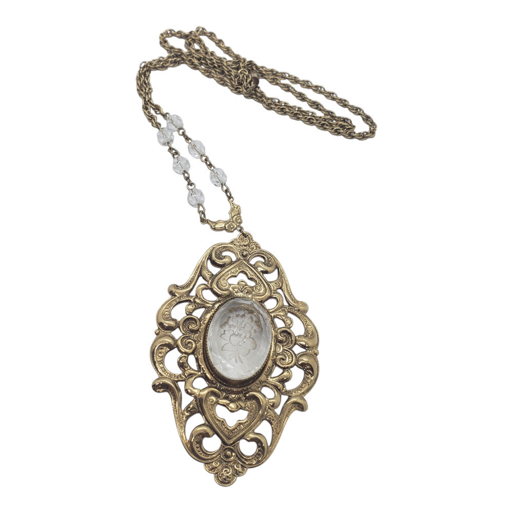 Vintage Intaglio Necklace Reverse Glass Carved Cameo Victorian 10k Gold Plate